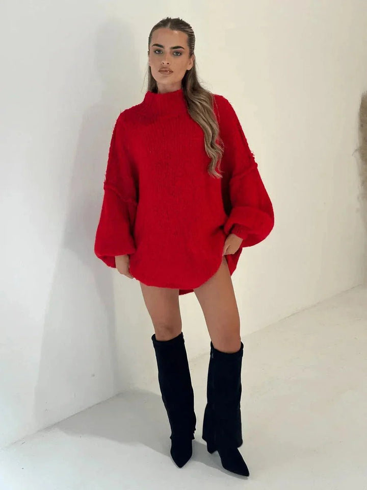 Women's Oversized Mock-Neck Knitted Jumper Chunky Rib