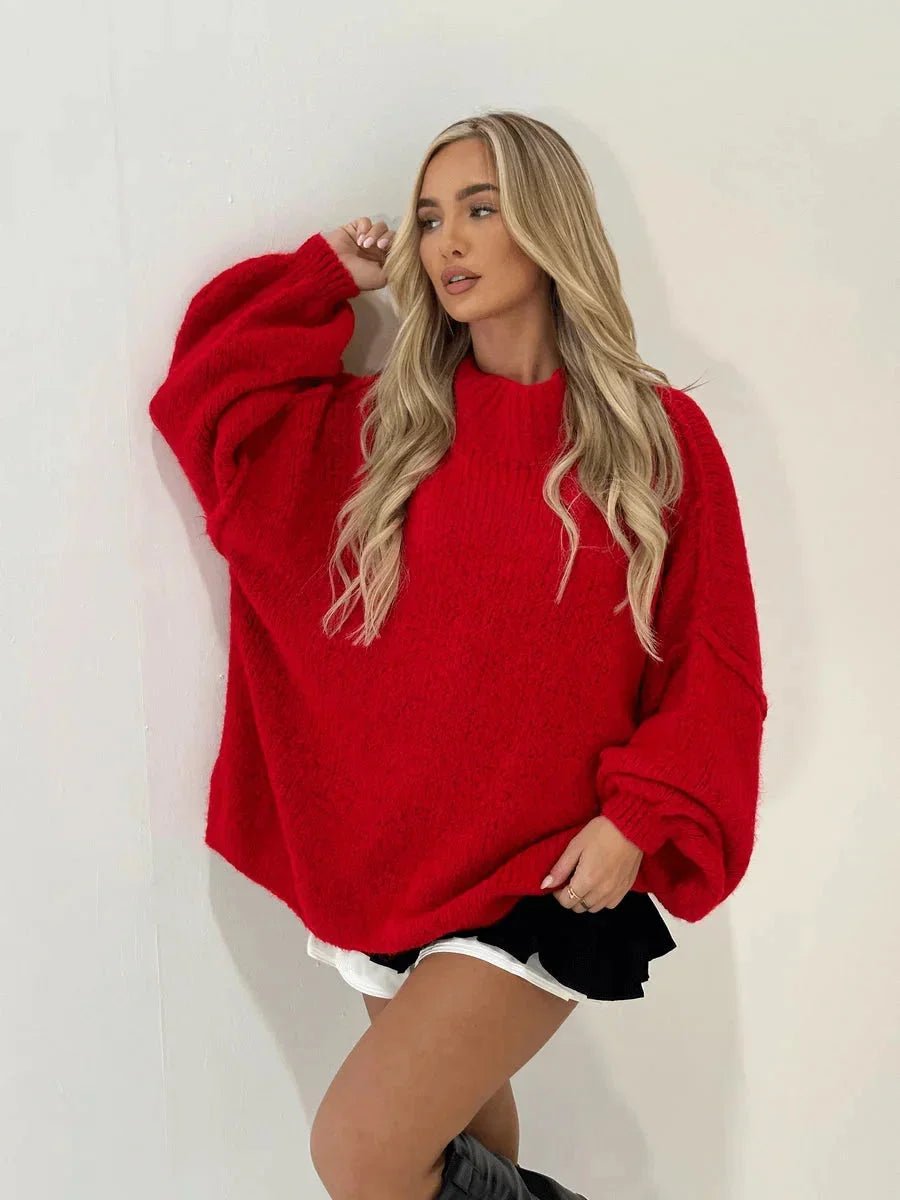 Women's Oversized Mock-Neck Knitted Jumper Chunky Rib