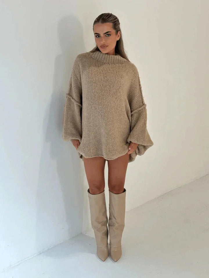 Women's Oversized Mock-Neck Knitted Jumper Chunky Rib