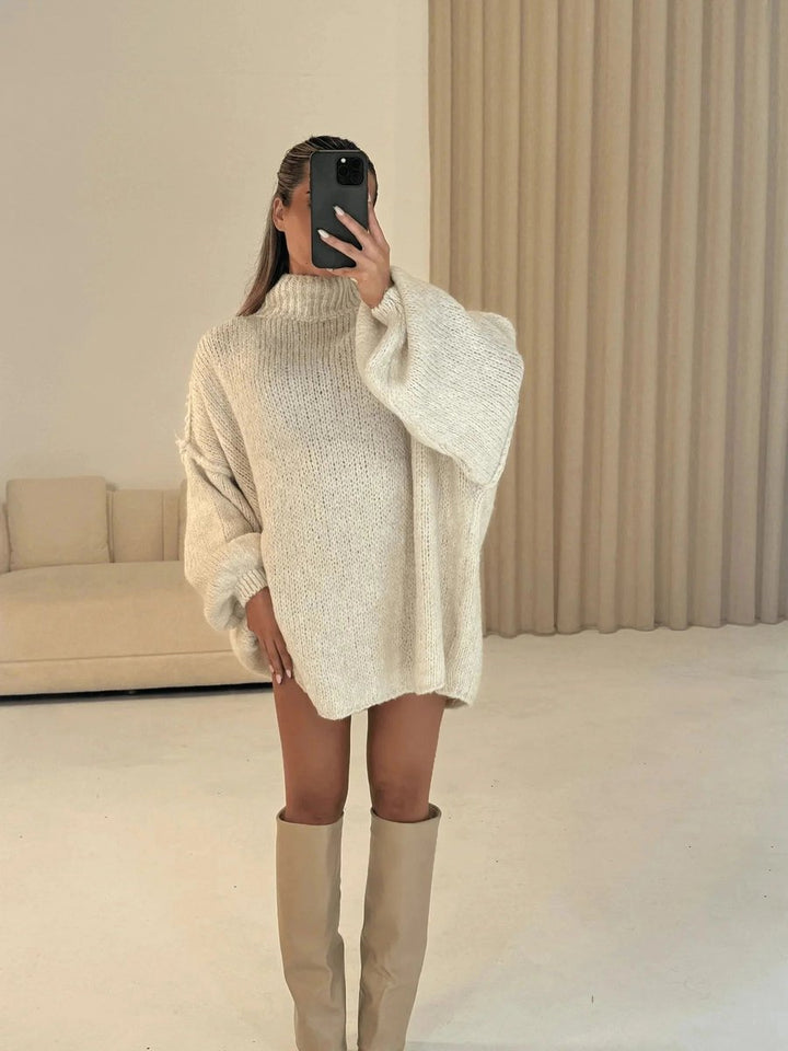 Women's Oversized Mock-Neck Knitted Jumper Chunky Rib