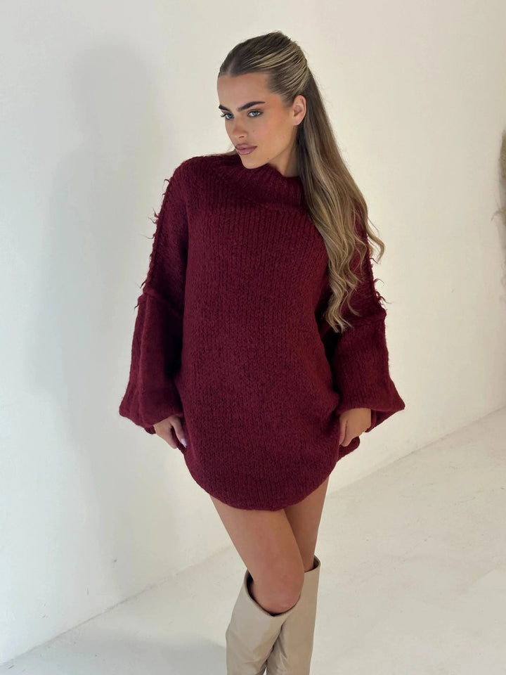 Women's Oversized Mock-Neck Knitted Jumper Chunky Rib