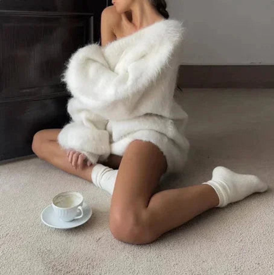 Women's Oversized Off-Shoulder Knitted Jumper Dress Fluffy
