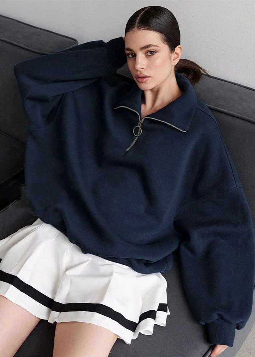 Women's Oversized Quarter-Zip Roll Neck Jumper Relaxed Fit