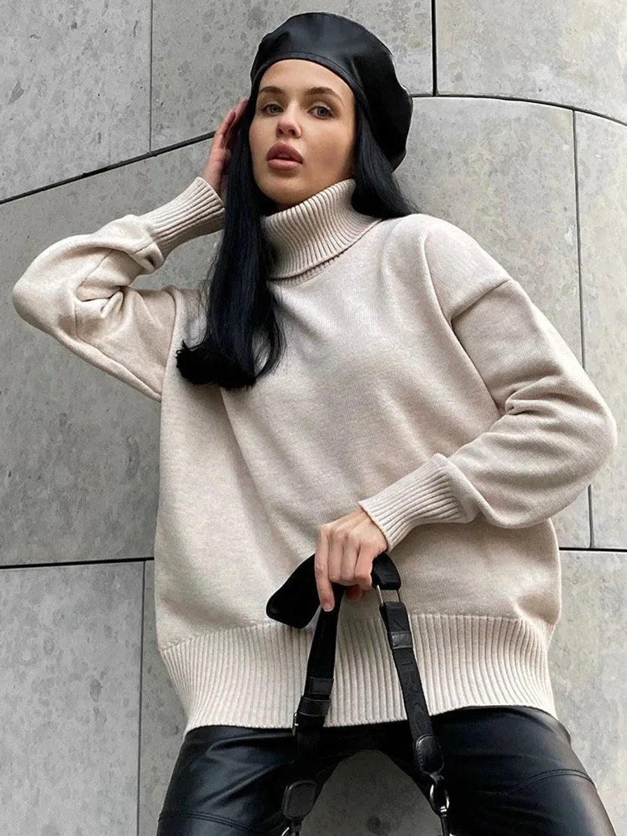 Women's Oversized Roll Neck Knitted Jumper Long Sleeve