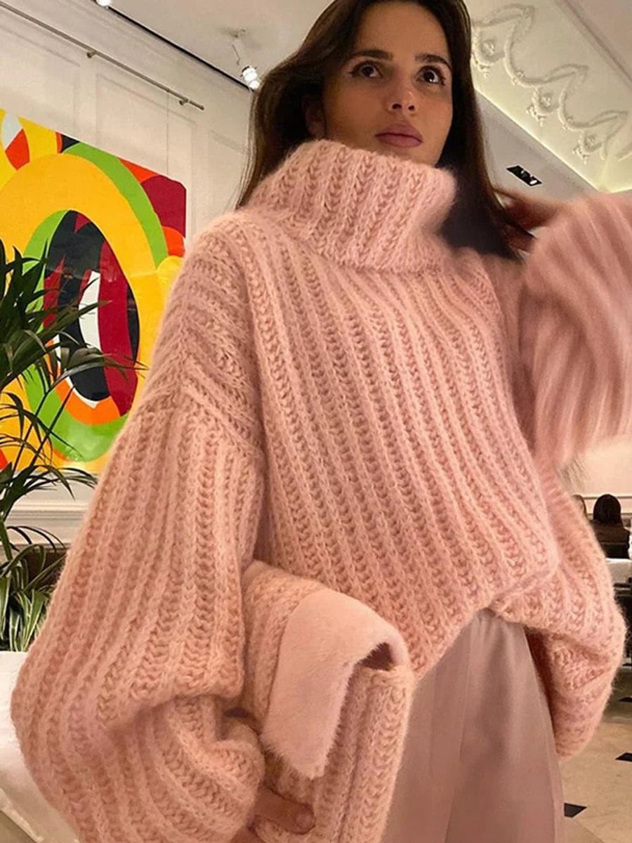 Women's Oversized Roll Neck Knitted Jumper Wide Sleeve
