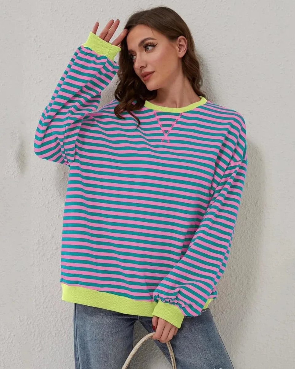 Women's Oversized Striped Knitted Jumper Casual Crewneck Pullover