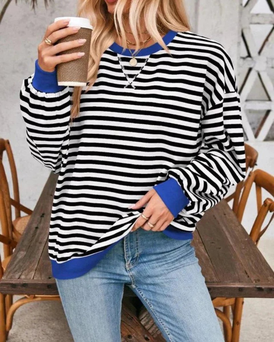 Women's Oversized Striped Knitted Jumper Casual Crewneck Pullover