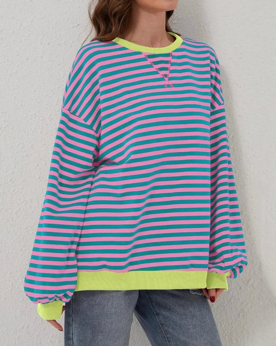 Women's Oversized Striped Knitted Jumper Casual Crewneck Pullover