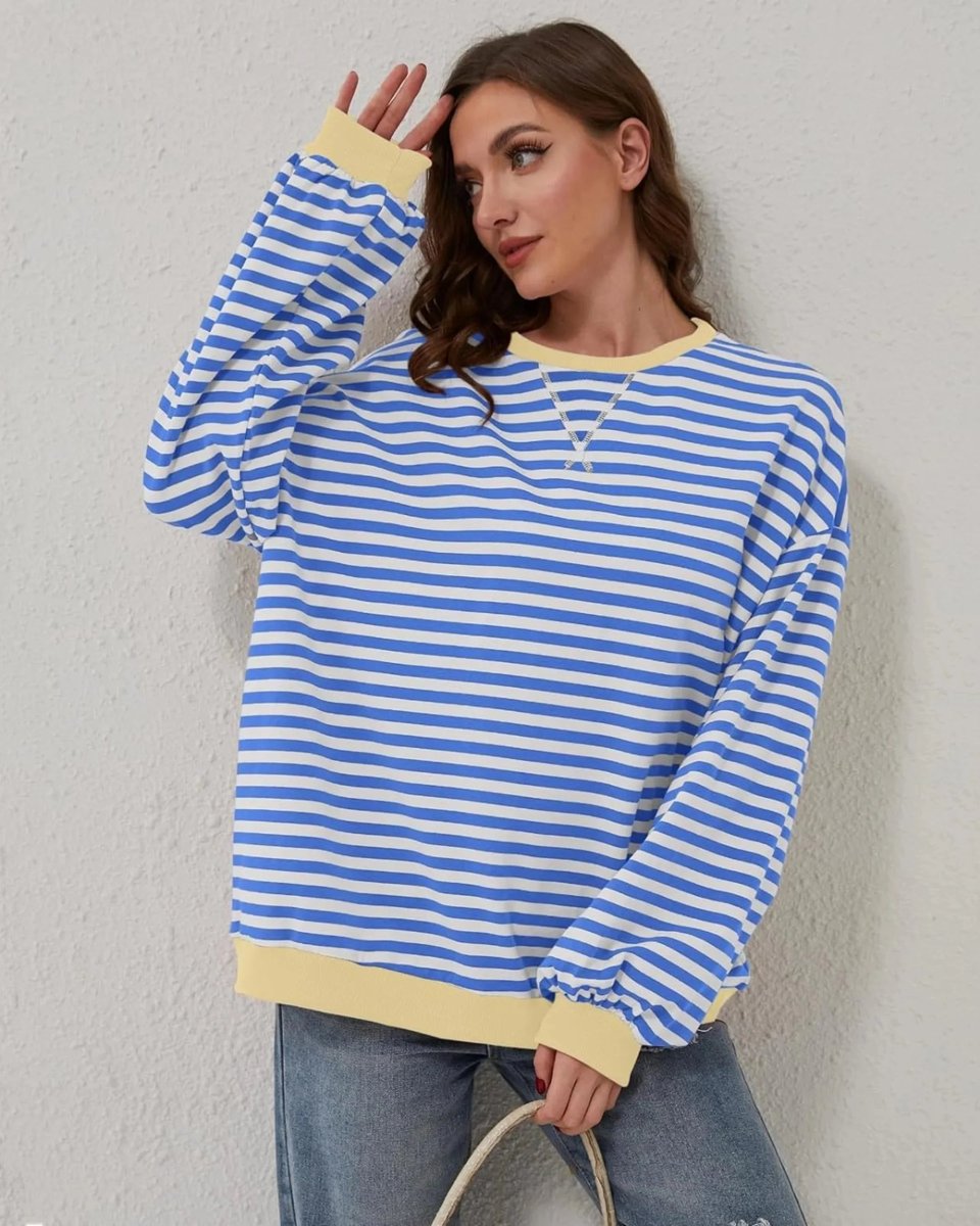 Women's Oversized Striped Knitted Jumper Casual Crewneck Pullover