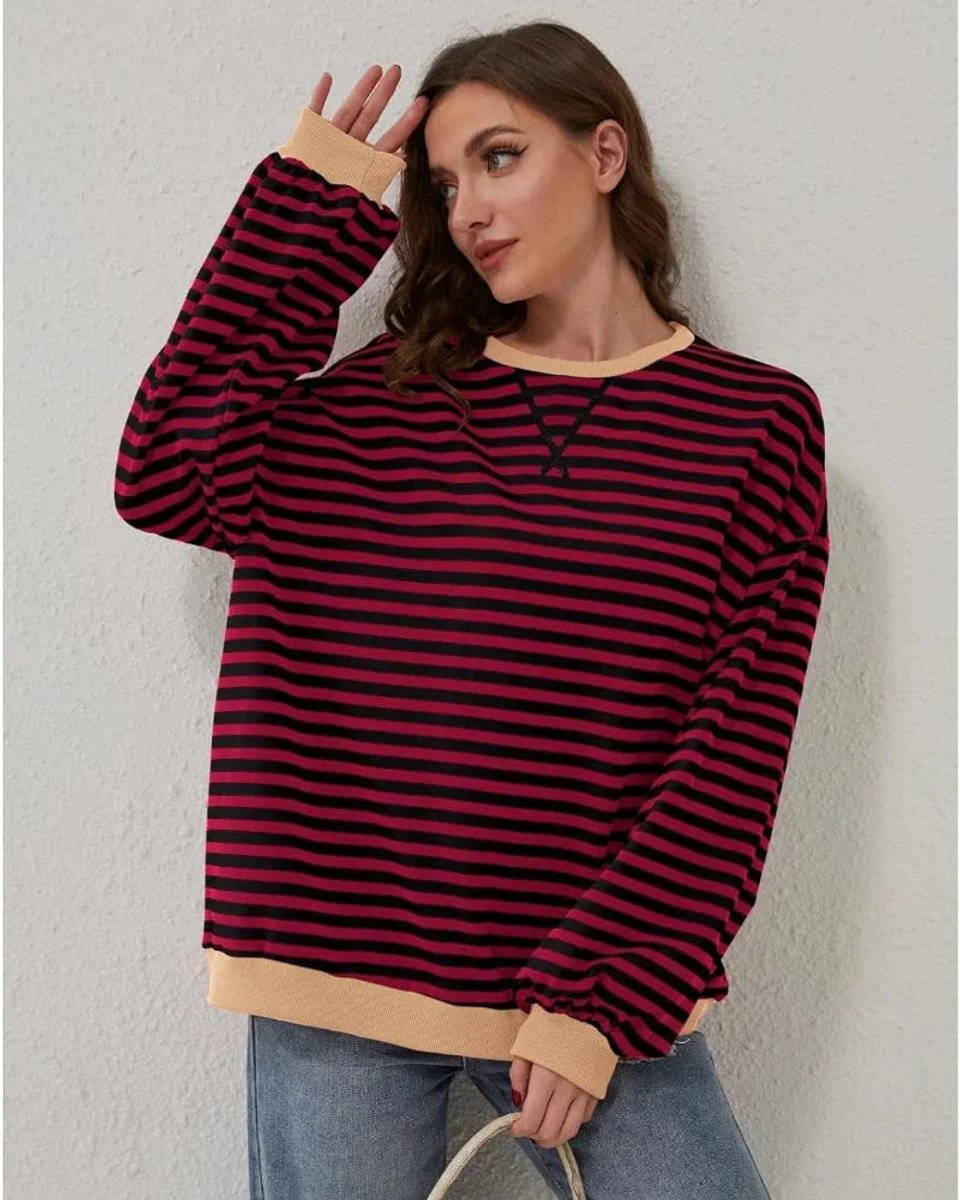 Women's Oversized Striped Knitted Jumper Casual Crewneck Pullover