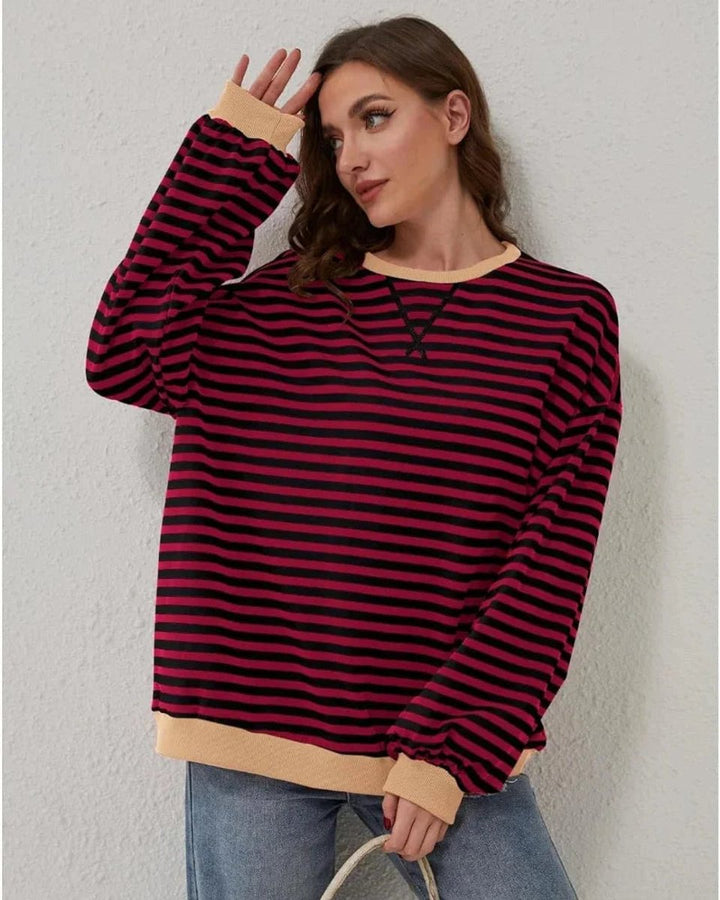 Women's Oversized Striped Knitted Jumper Casual Crewneck Pullover
