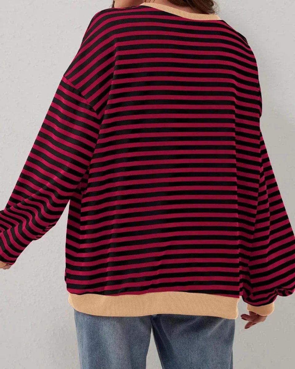 Women's Oversized Striped Knitted Jumper Casual Crewneck Pullover