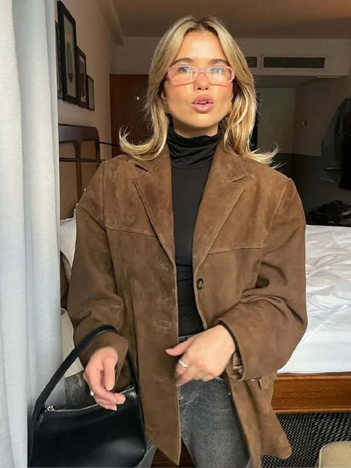 Women's Oversized Suede Coat Classic Brown Blazer Jacket