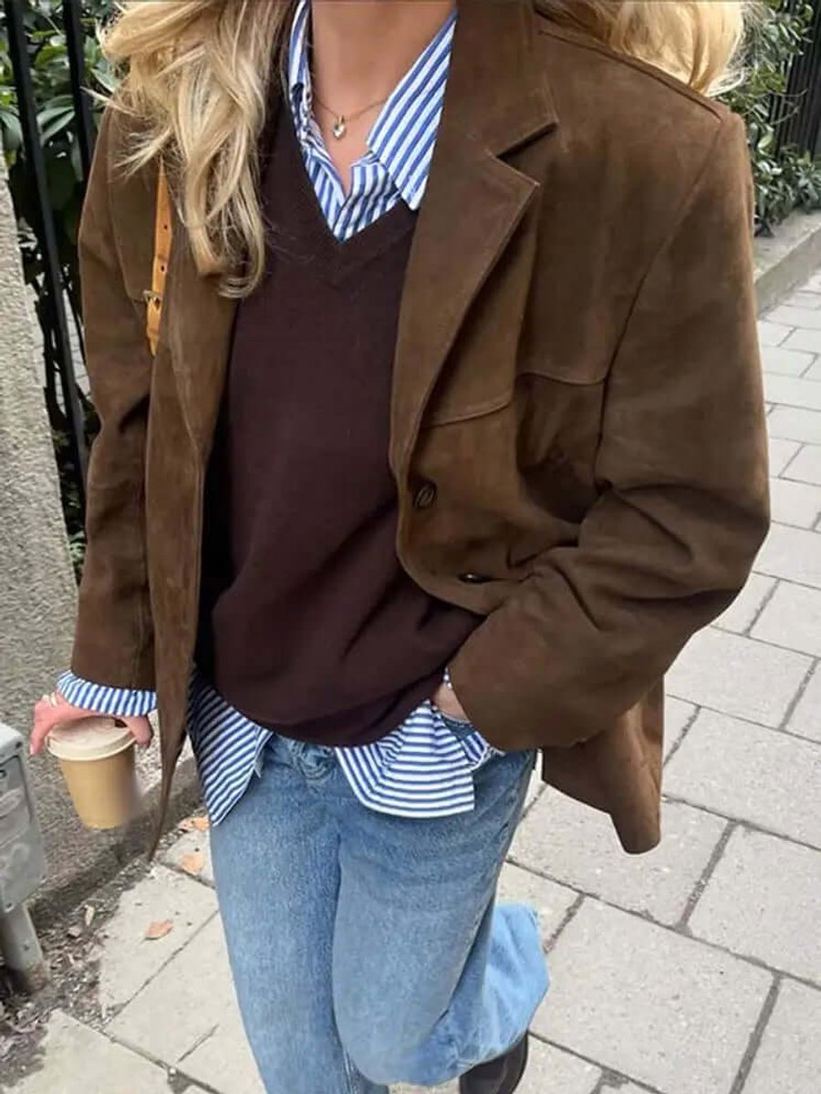 Women's Oversized Suede Coat Classic Brown Blazer Jacket