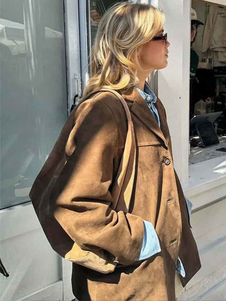 Women's Oversized Suede Coat Classic Brown Blazer Jacket