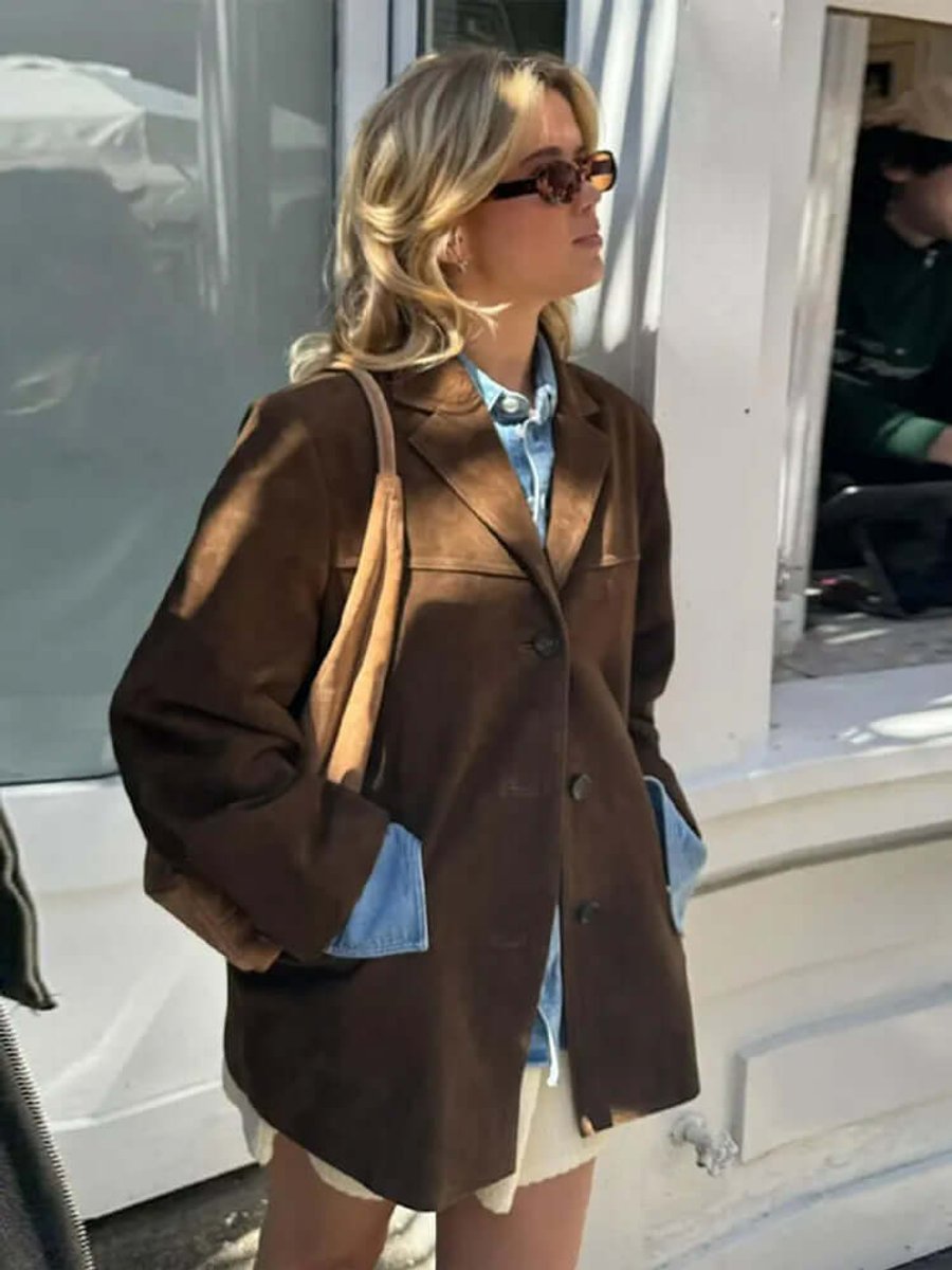 Women's Oversized Suede Coat Classic Brown Blazer Jacket
