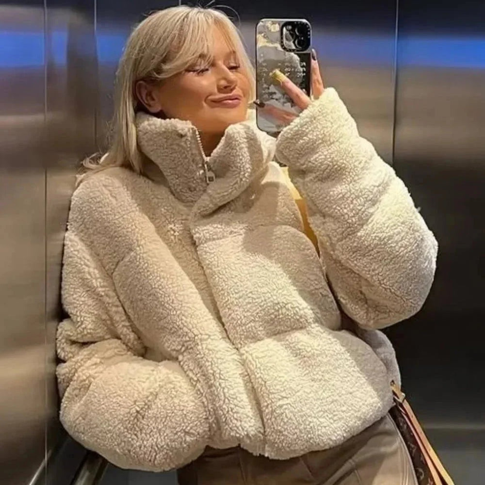 Women's Oversized Teddy Fleece Ladies Puffer Jacket Stand Collar