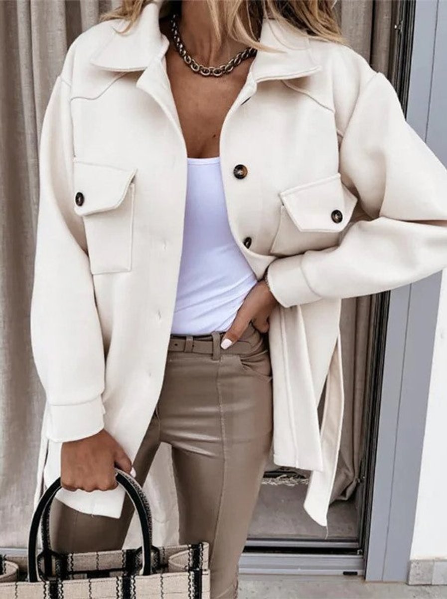 Women's Oversized Wool Coat Casual Button-Up Shacket Jacket