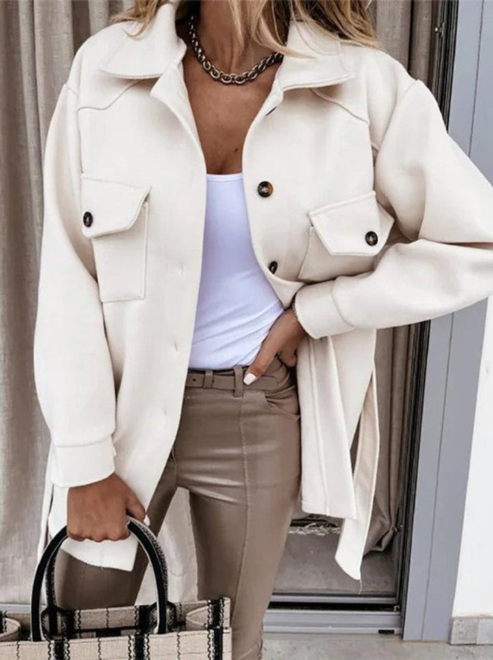 Women's Oversized Wool Coat Casual Button-Up Shacket Jacket