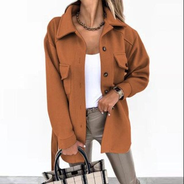 Women's Oversized Wool Coat Casual Button-Up Shacket Jacket