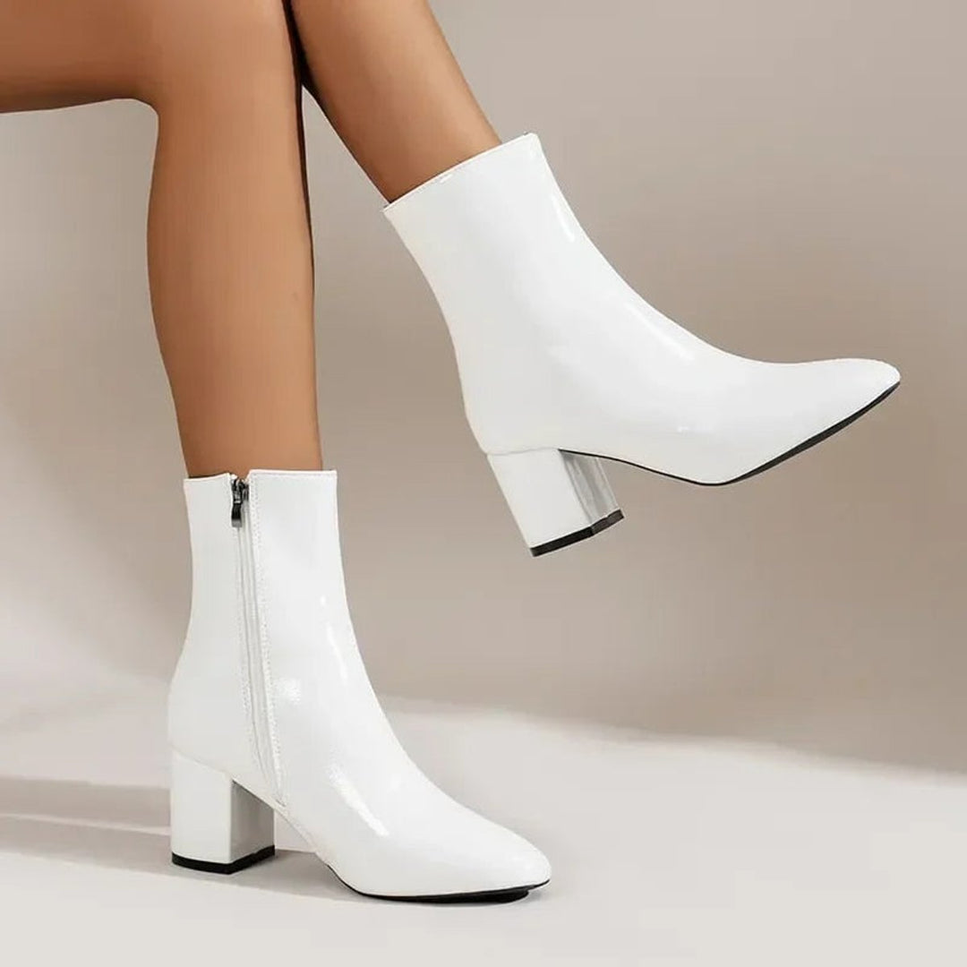Women's Patent Block-Heel Ankle Boots Pointed-Toe Side-Zip - White
