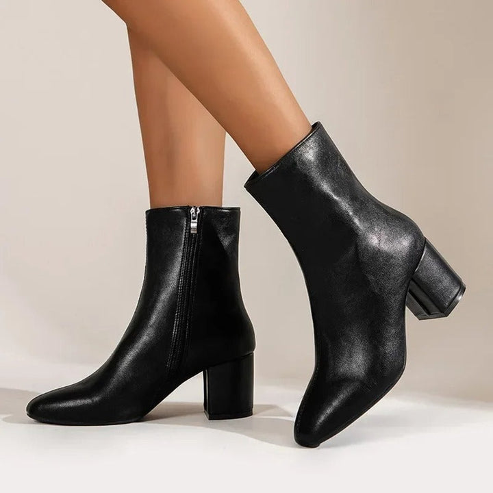 Women's Patent Block-Heel Ankle Boots Pointed-Toe Side-Zip - Black