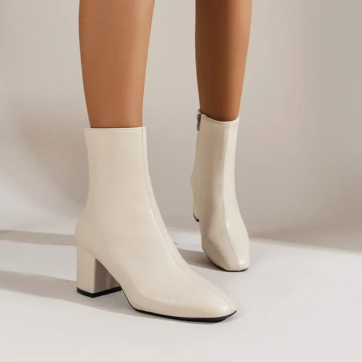 Women's Patent Block-Heel Ankle Boots Pointed-Toe Side-Zip - Beige