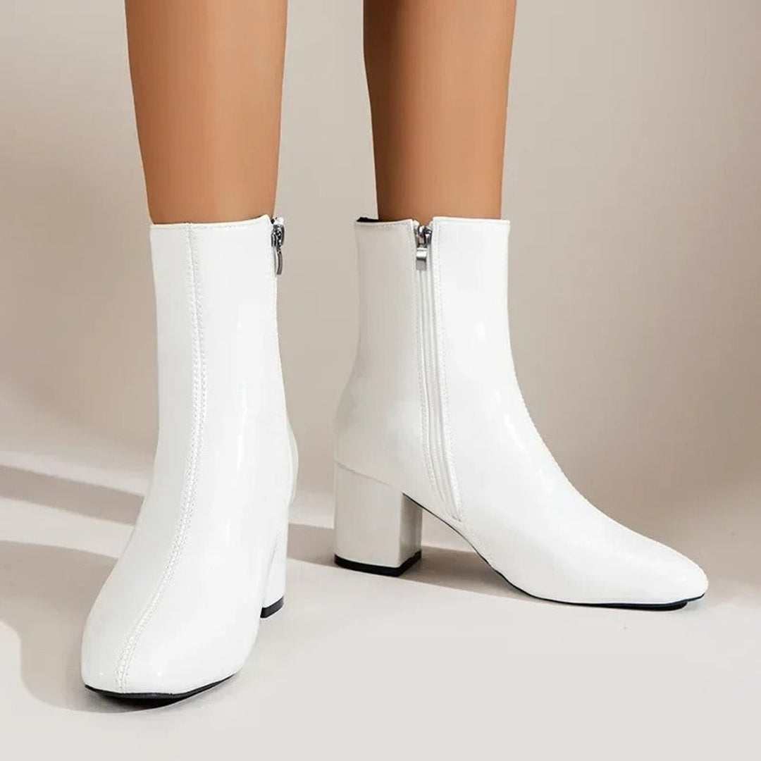 Women's Patent Block-Heel Ankle Boots Pointed-Toe Side-Zip