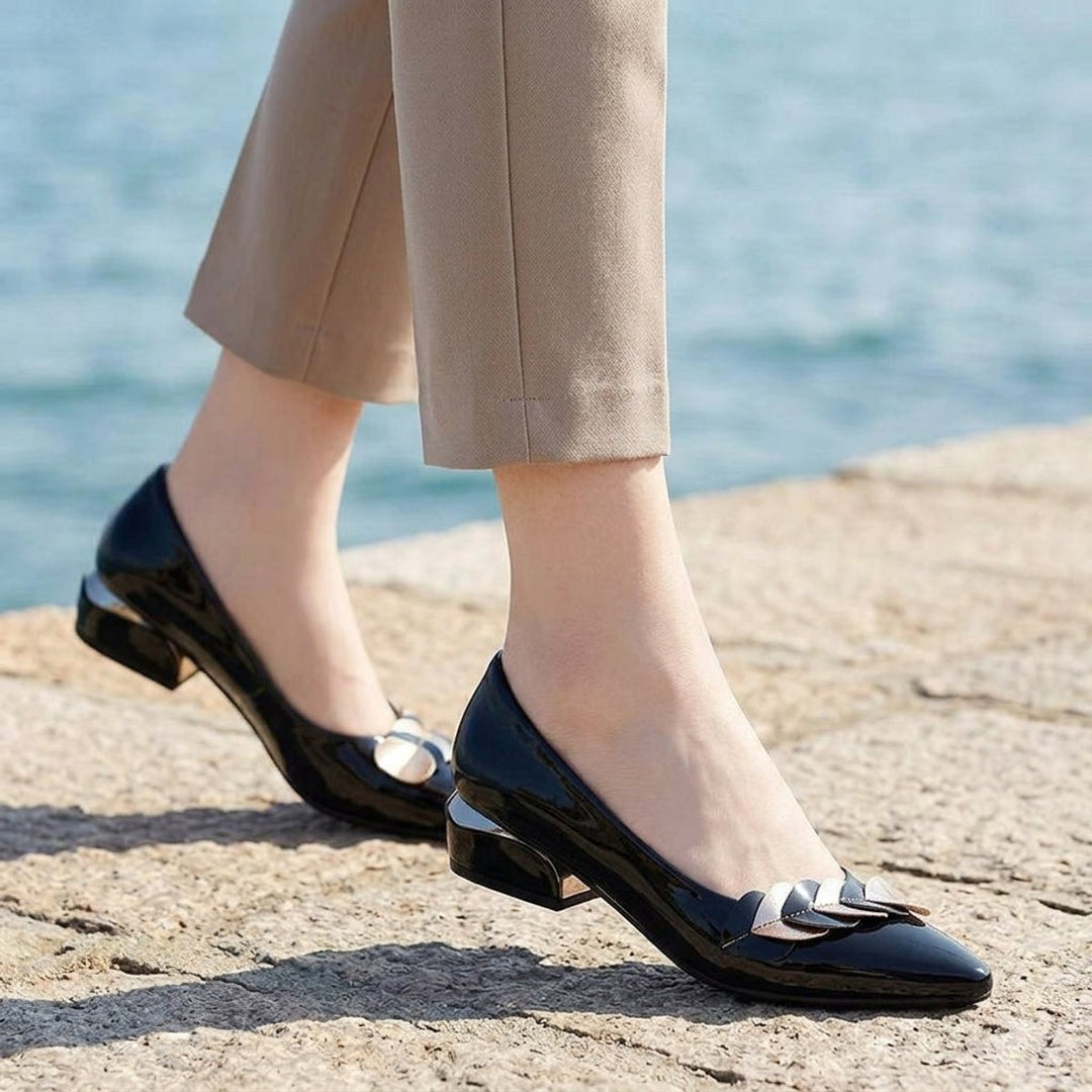 Women's Patent Leather-Look Block Heel Pointed Slip-On Heeled Pumps