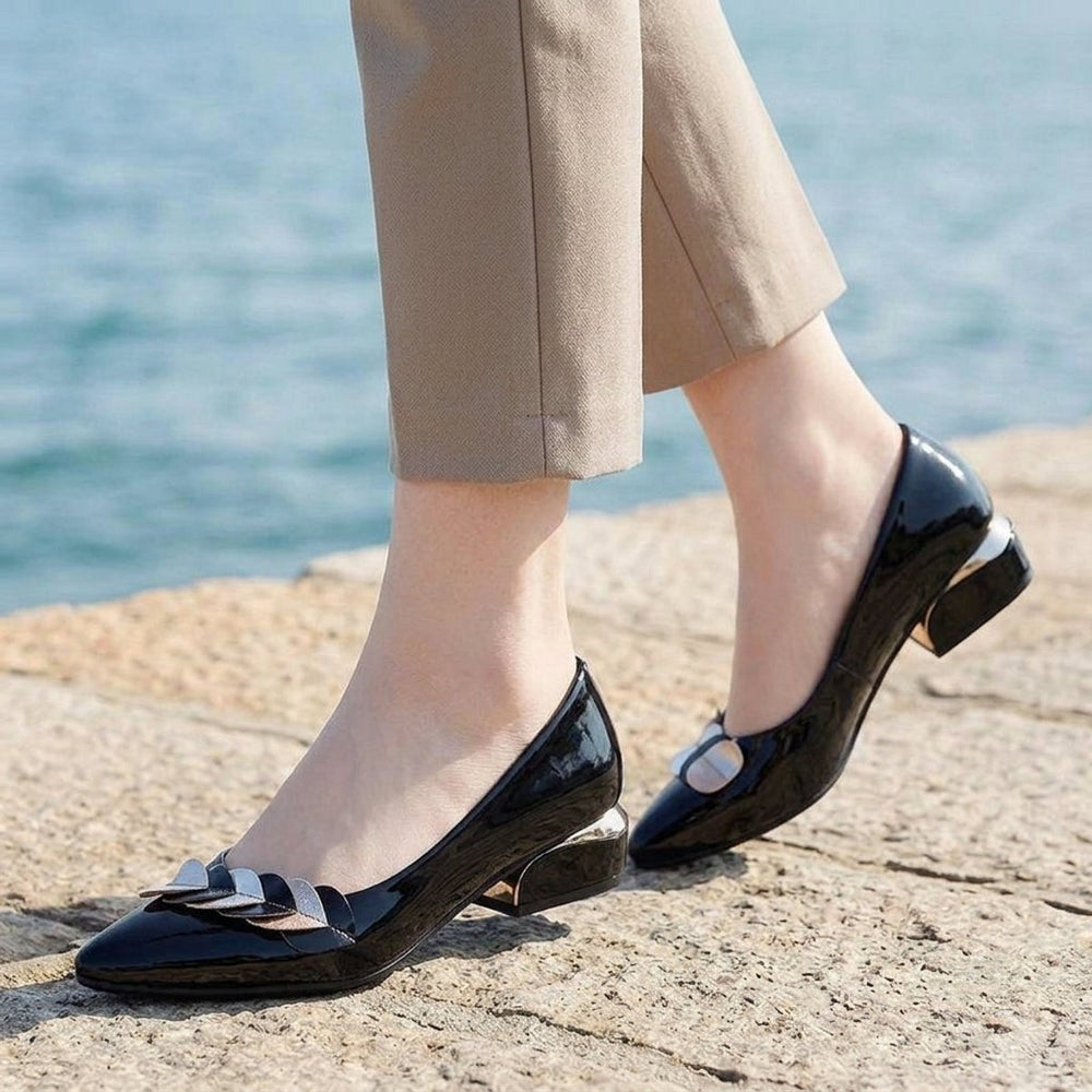 Women's Patent Leather-Look Block Heel Pointed Slip-On Heeled Pumps