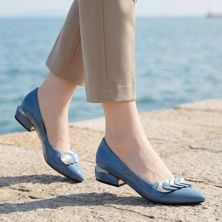 Women's Patent Leather-Look Block Heel Pointed Slip-On Heeled Pumps