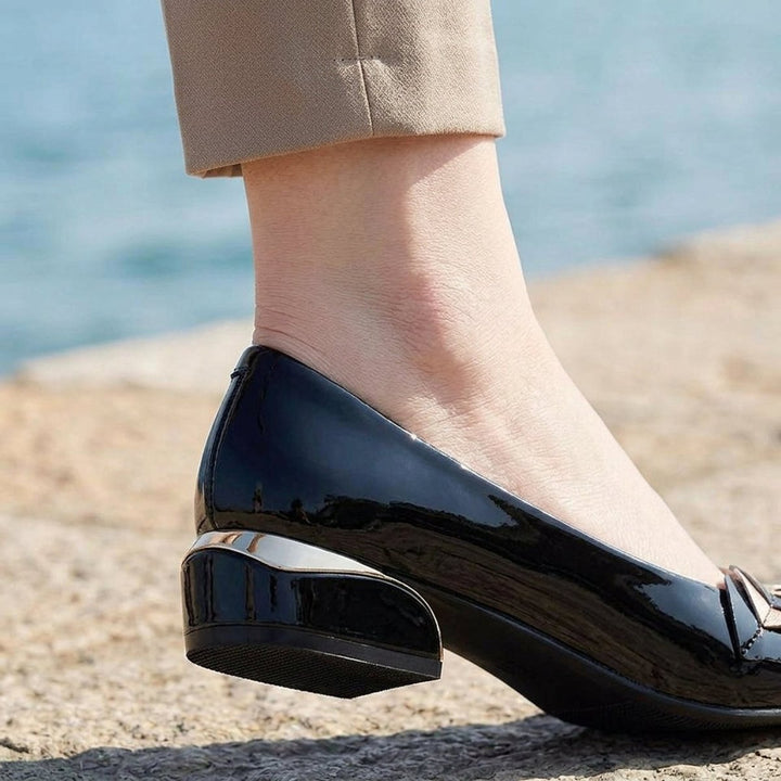 Women's Patent Leather-Look Block Heel Pointed Slip-On Heeled Pumps