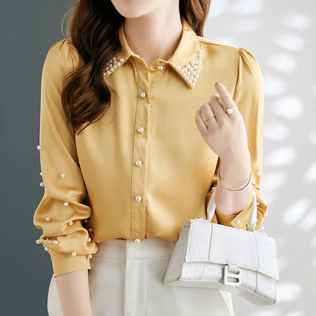 Women's Pearl-Embellished Long-Sleeve Satin Blouse Button-Up Top
