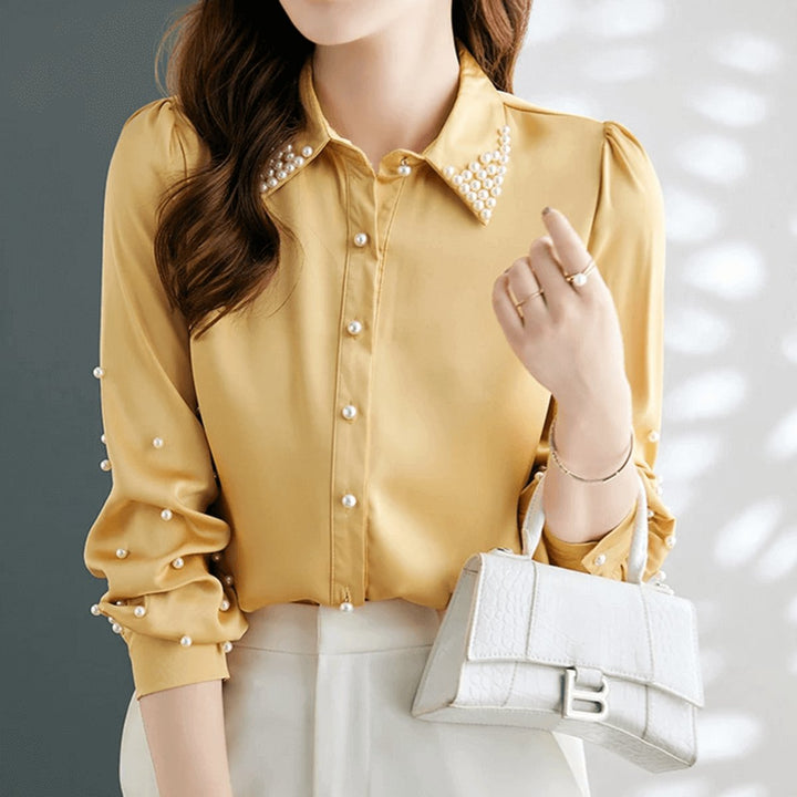 Women's Pearl-Embellished Long-Sleeve Satin Blouse Button-Up Top