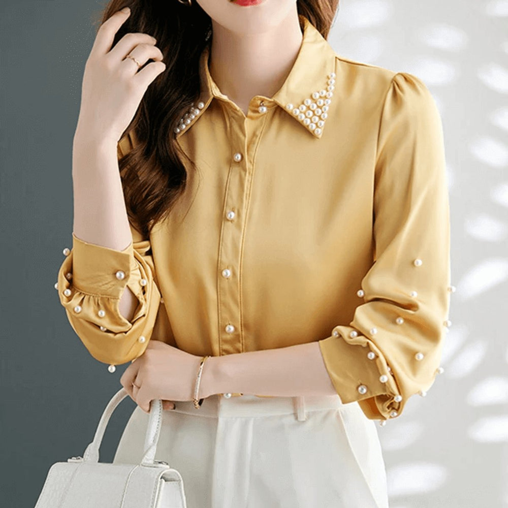 Women's Pearl-Embellished Long-Sleeve Satin Blouse Button-Up Top