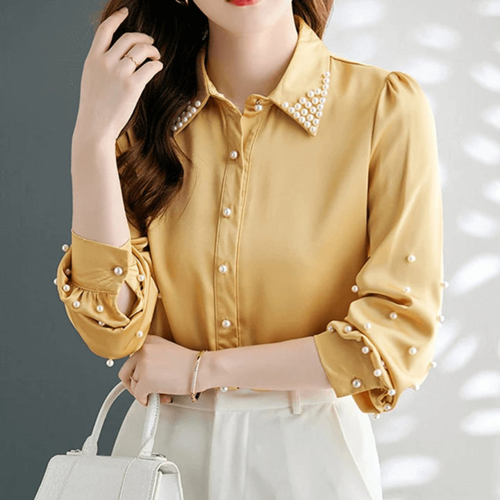 Women's Pearl-Embellished Long-Sleeve Satin Blouse Button-Up Top