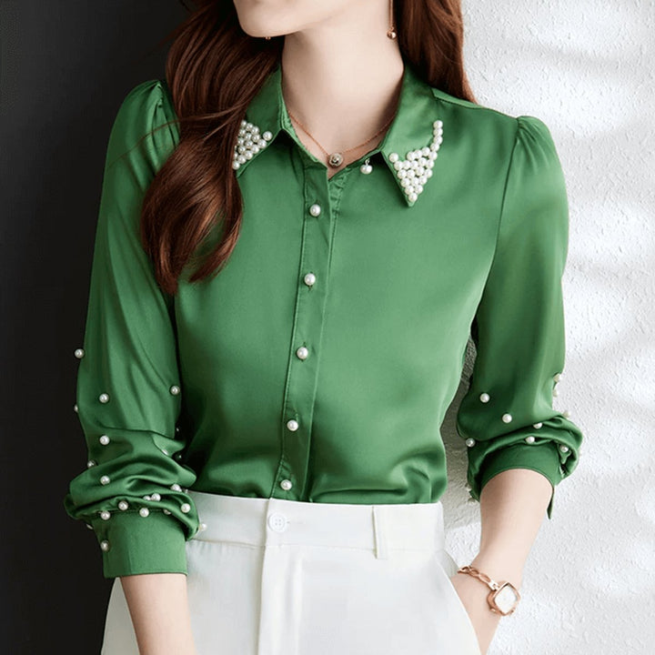 Women's Pearl-Embellished Long-Sleeve Satin Blouse Button-Up Top