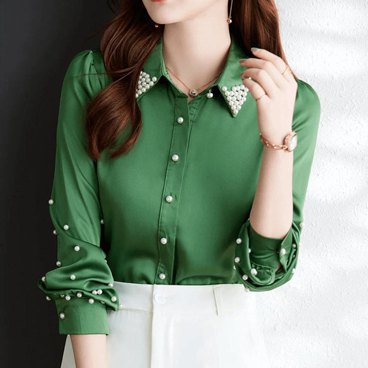 Women's Pearl-Embellished Long-Sleeve Satin Blouse Button-Up Top