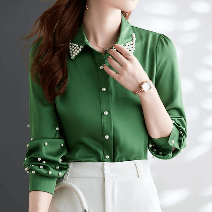 Women's Pearl-Embellished Long-Sleeve Satin Blouse Button-Up Top