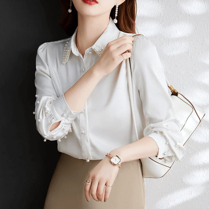Women's Pearl-Embellished Long-Sleeve Satin Blouse Button-Up Top