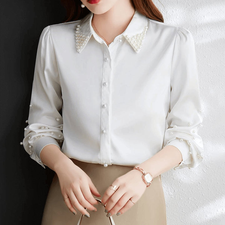 Women's Pearl-Embellished Long-Sleeve Satin Blouse Button-Up Top