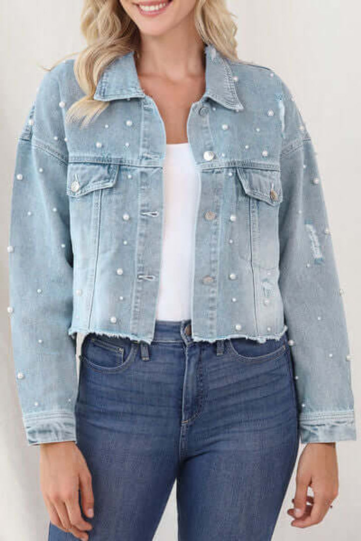 Women's Pearl-Embellished Raw-Hem Denim Jacket Coat