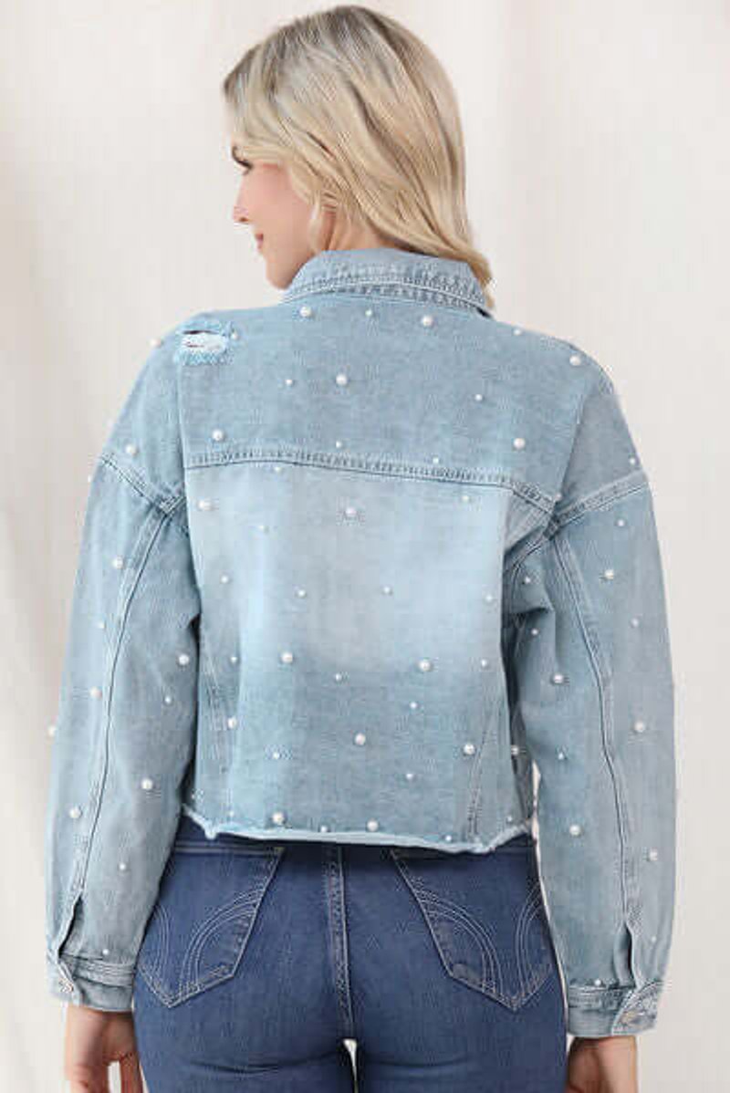Women's Pearl-Embellished Raw-Hem Denim Jacket Coat