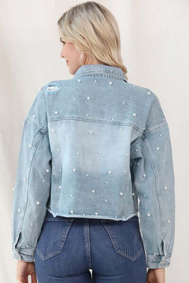 Women's Pearl-Embellished Raw-Hem Denim Jacket Coat