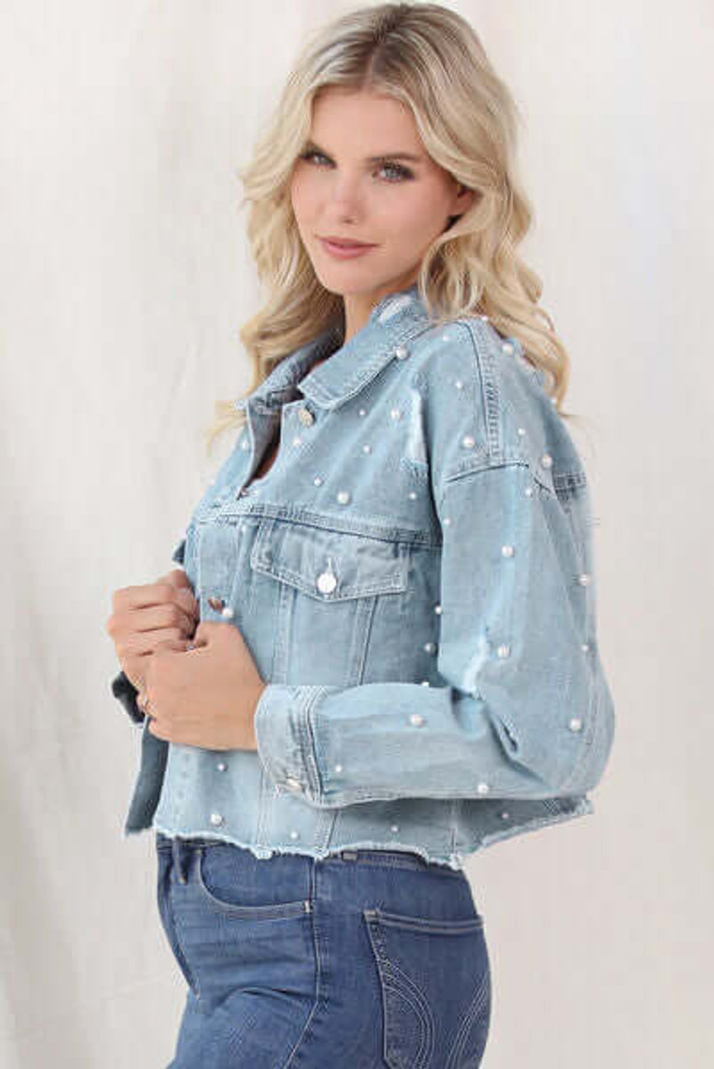Women's Pearl-Embellished Raw-Hem Denim Jacket Coat