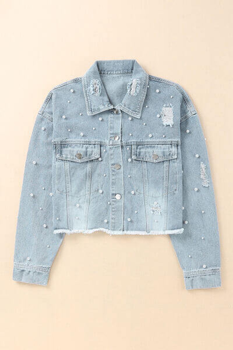 Women's Pearl-Embellished Raw-Hem Denim Jacket Coat