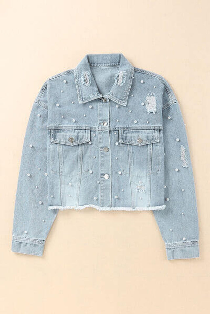 Women's Pearl-Embellished Raw-Hem Denim Jacket Coat