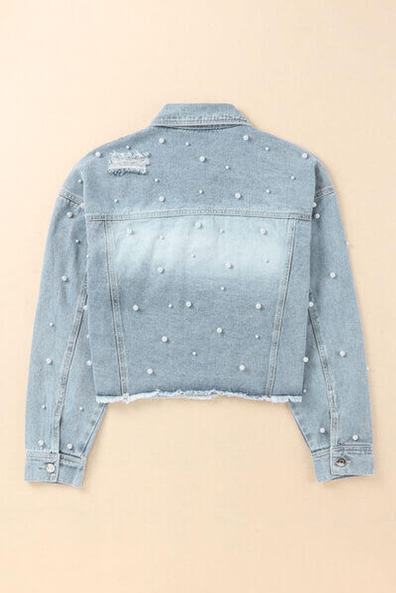 Women's Pearl-Embellished Raw-Hem Denim Jacket Coat