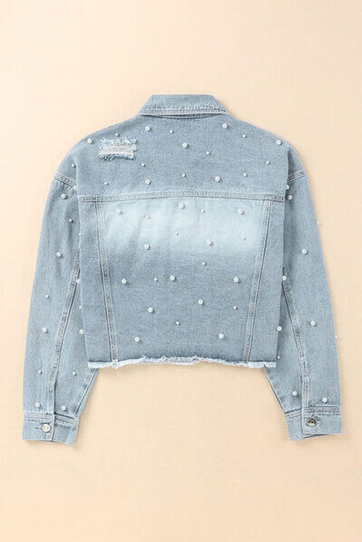 Women's Pearl-Embellished Raw-Hem Denim Jacket Coat