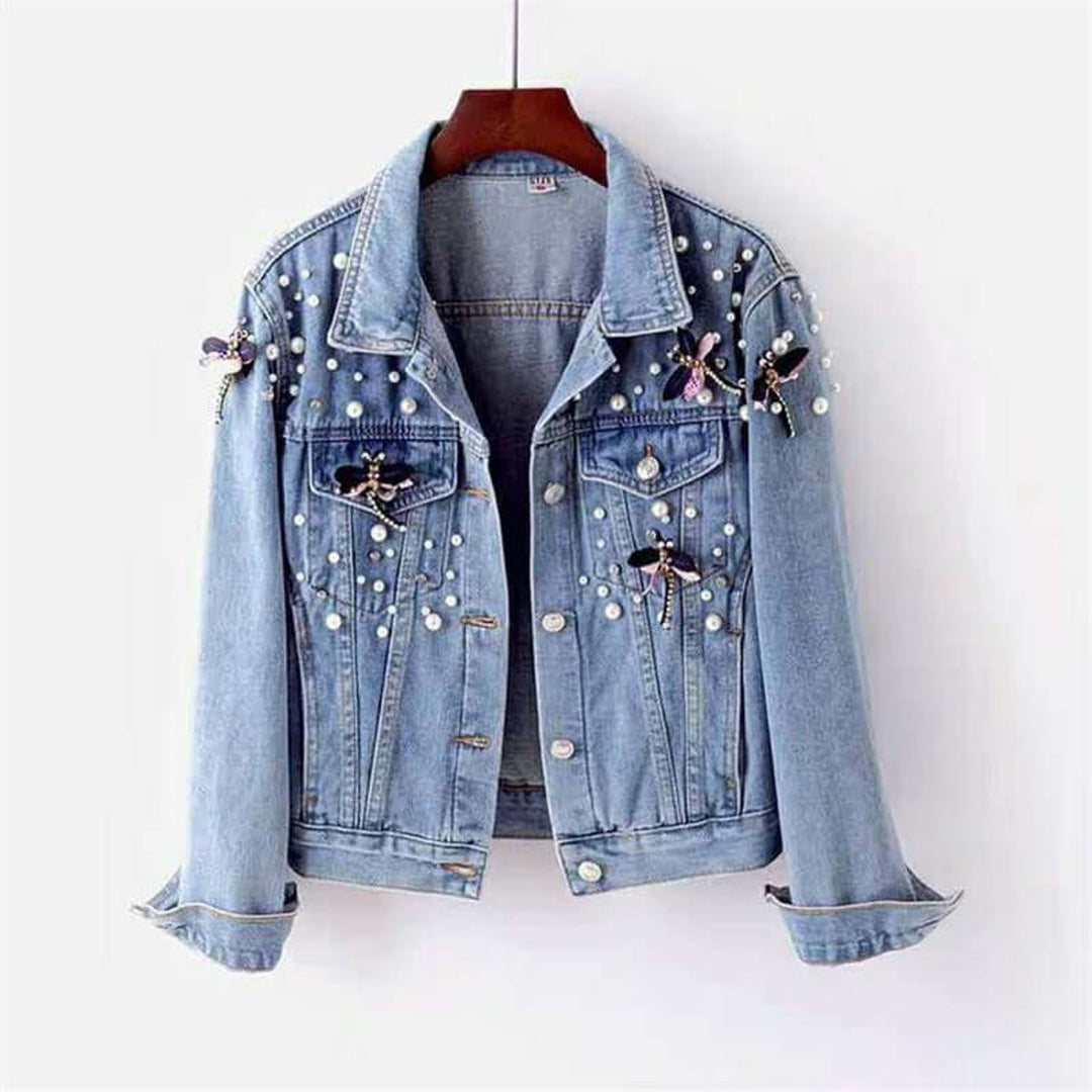 Women's Pearl Embellished Relaxed Fit Denim Ladies Jacket Coat